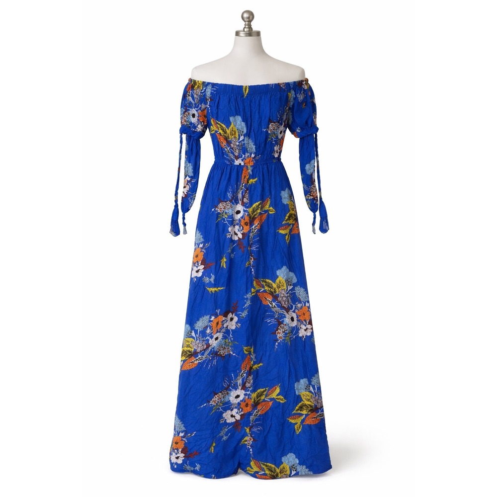 Band of Gyps Blue Floral Off The Shoulder Maxi Dress Smocked Waist Tassel Ties S